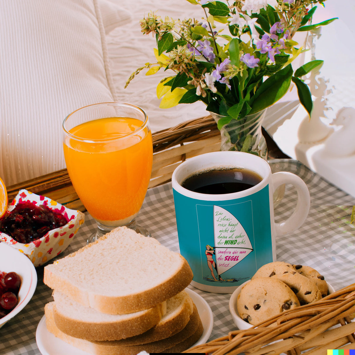 Surferin Kaffeebecher mit Spruch auf dem Segel