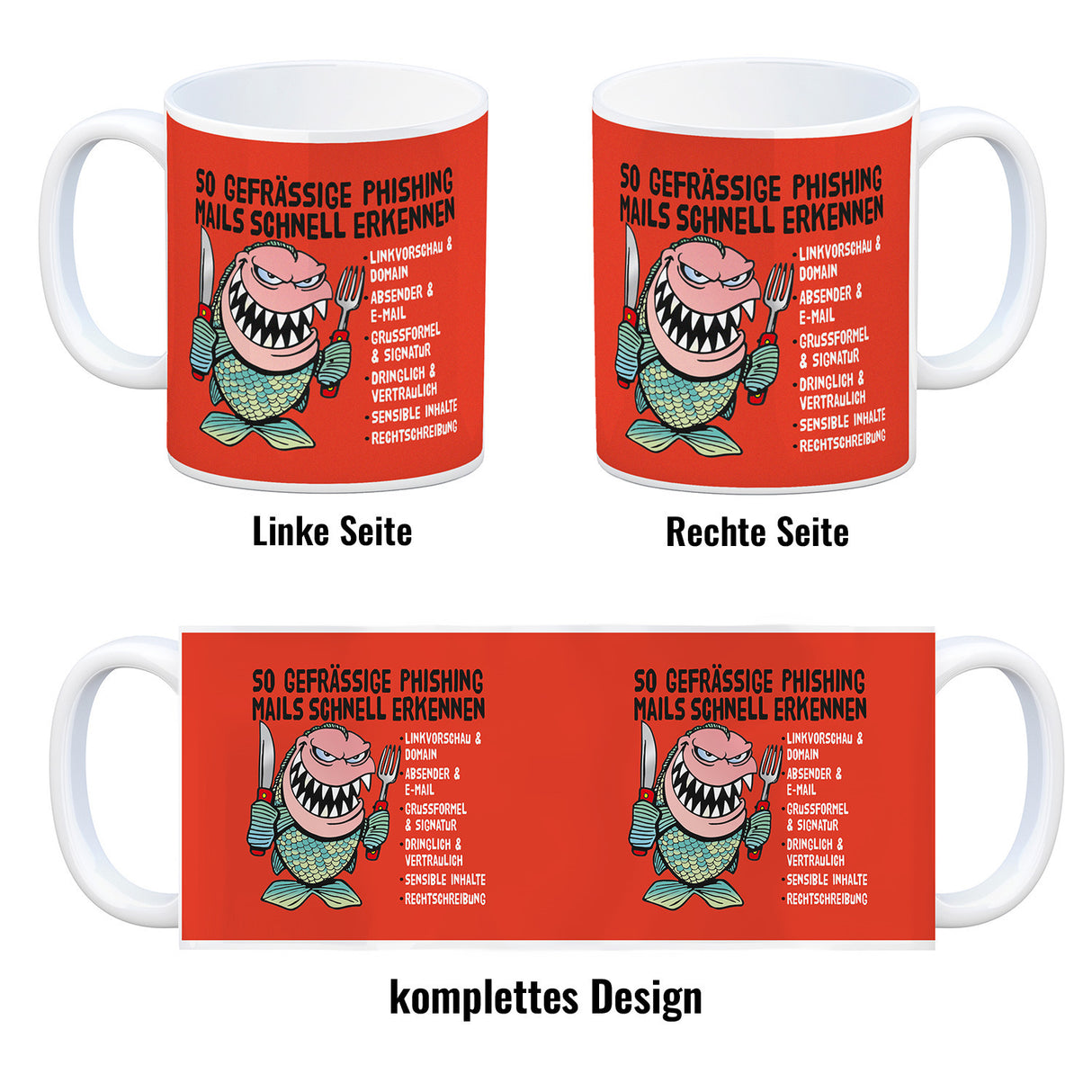 Kaffeebecher zum Thema Phishing Mails erkennen mit Fisch Motiv
