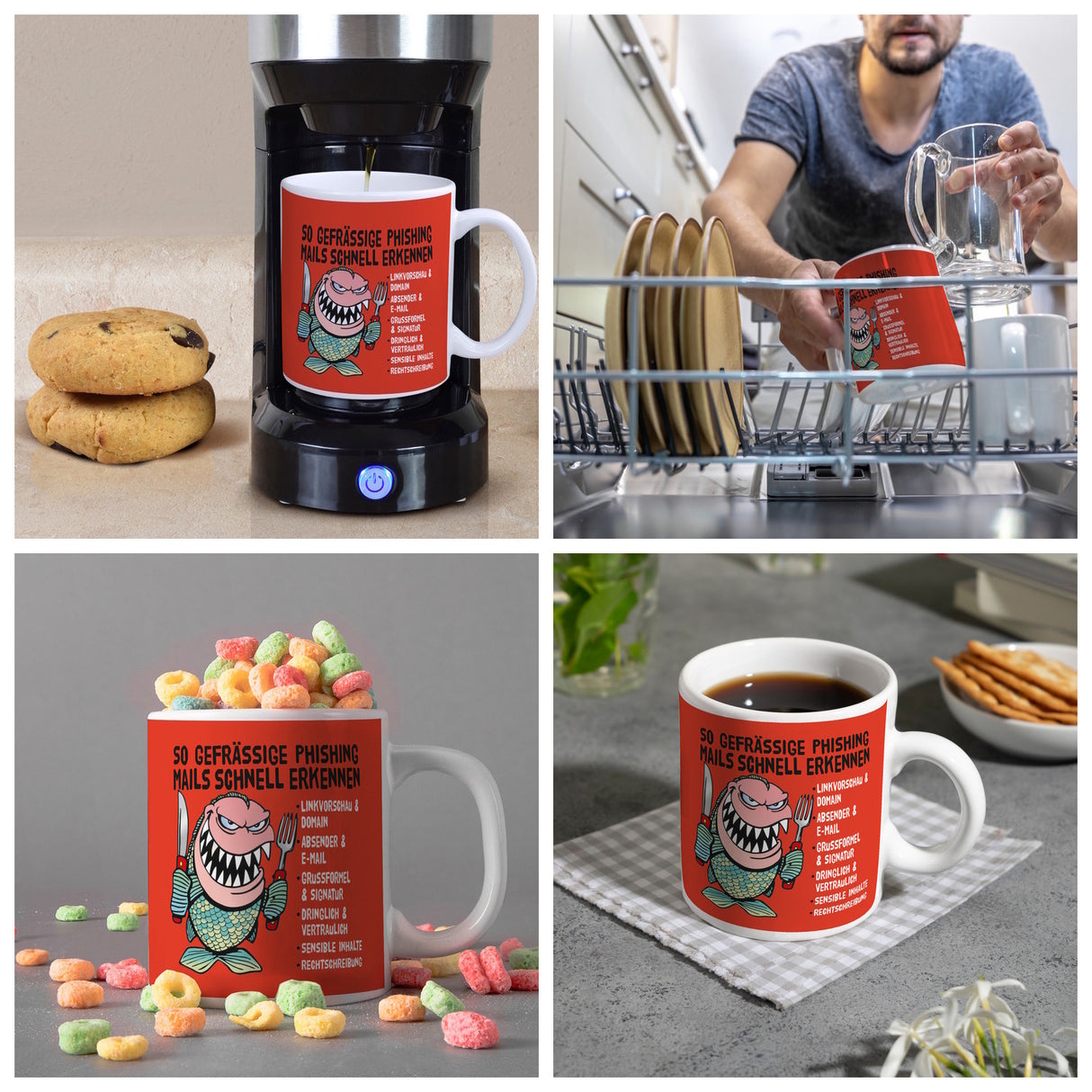 Kaffeebecher zum Thema Phishing Mails erkennen mit Fisch Motiv