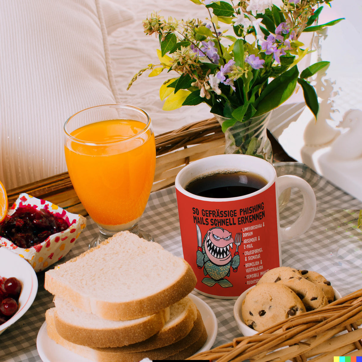 Kaffeebecher zum Thema Phishing Mails erkennen mit Fisch Motiv