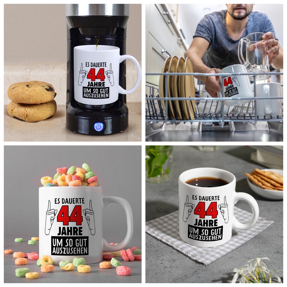 Witziger Kaffeebecher für den 44. Geburtstag mit Motiv: Gutes Aussehen