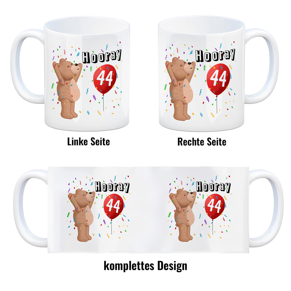 Witziger Kaffeebecher für den 44. Geburtstag mit Motiv: Hooray