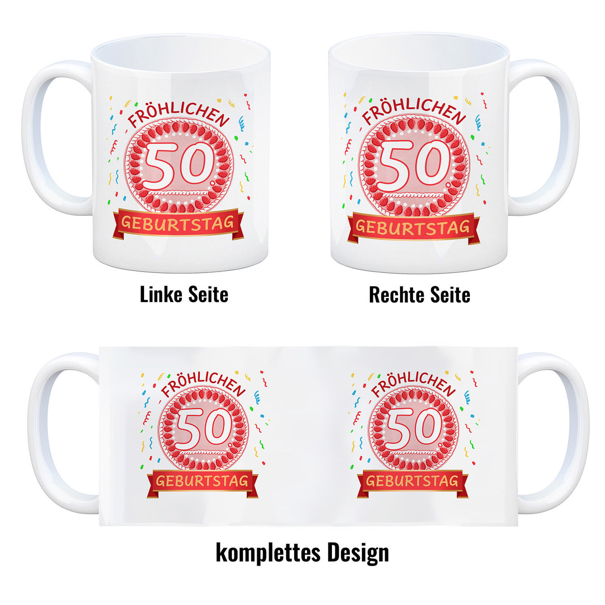 Witziger Kaffeebecher für den 50. Geburtstag mit Motiv: Torte