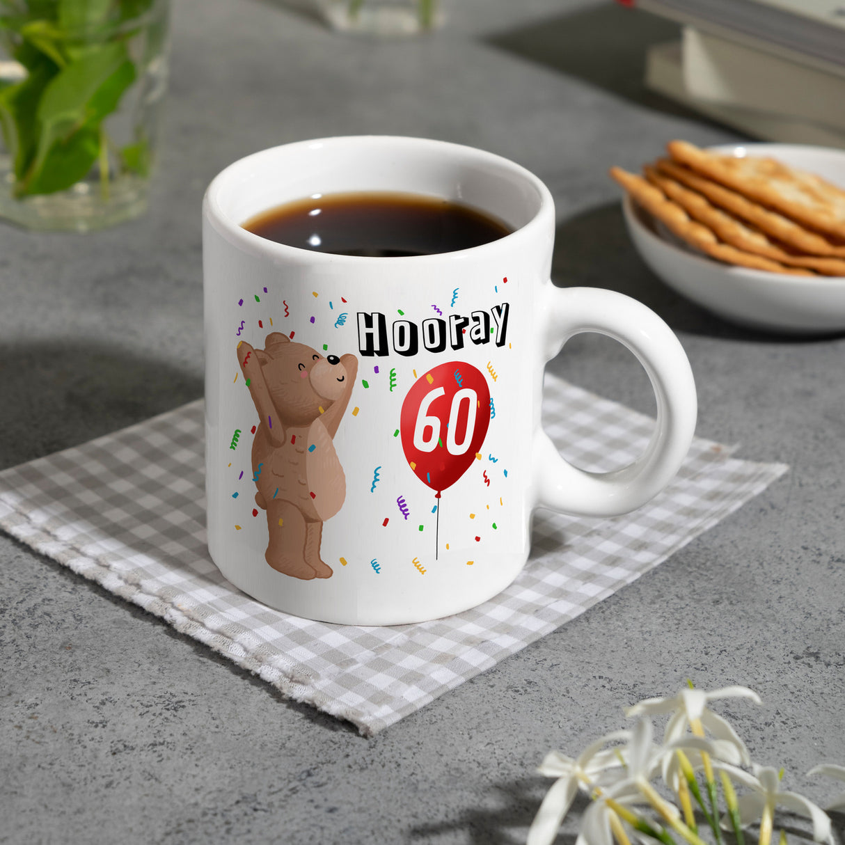 Witziger Kaffeebecher für den 60. Geburtstag mit Motiv: Hooray