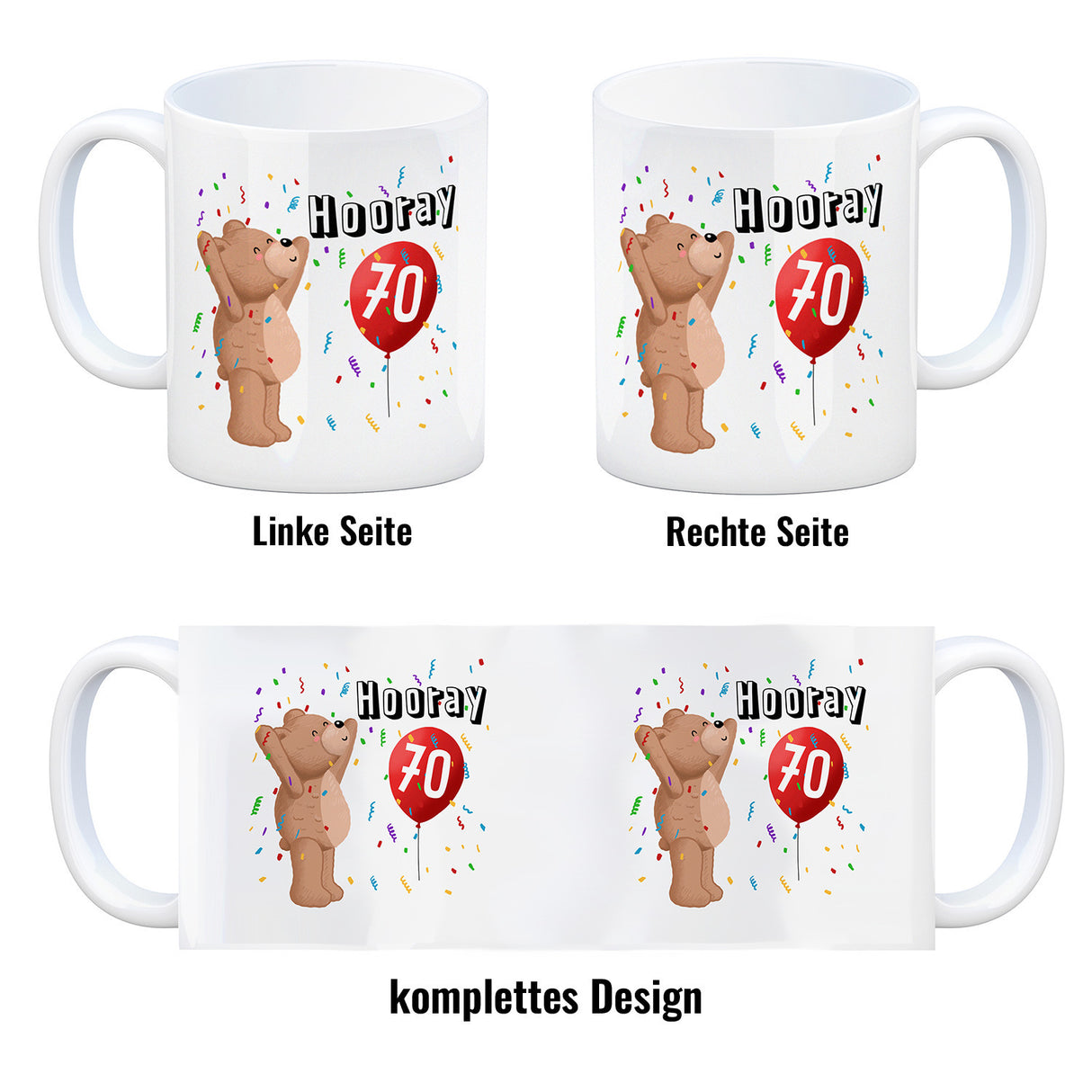 Witziger Kaffeebecher für den 70. Geburtstag mit Motiv: Hooray
