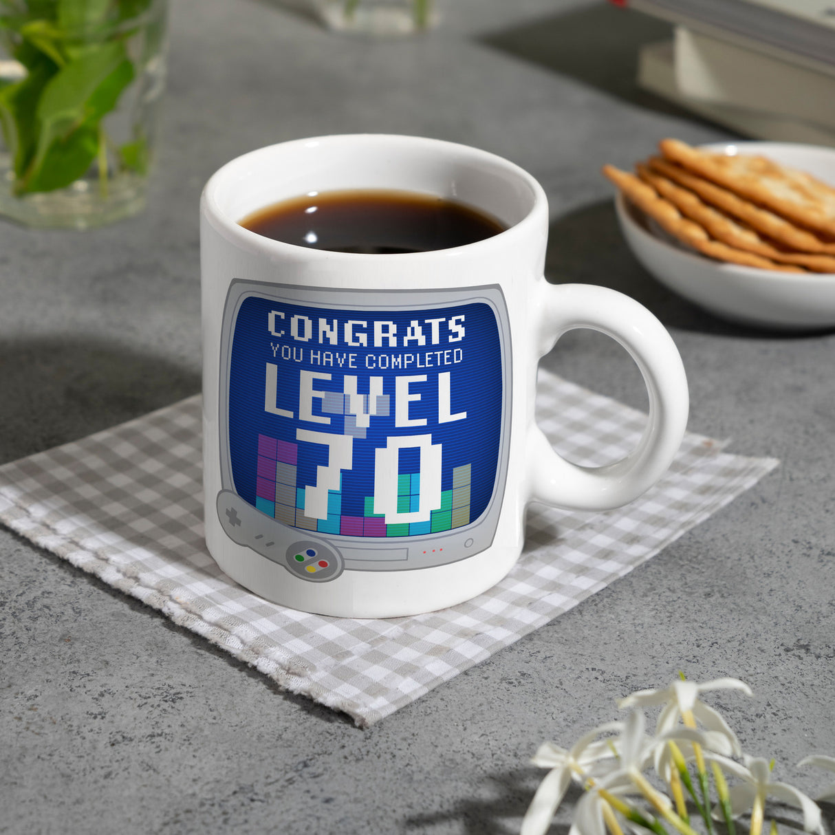 Witziger Kaffeebecher für den 70. Geburtstag mit Motiv: Gamer