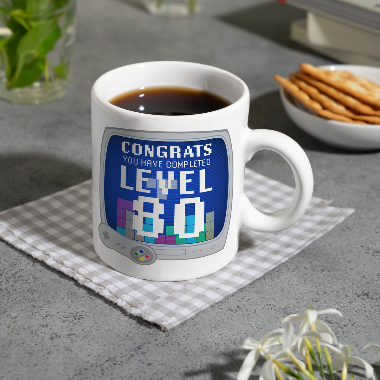 Witziger Kaffeebecher für den 80. Geburtstag mit Motiv: Gamer