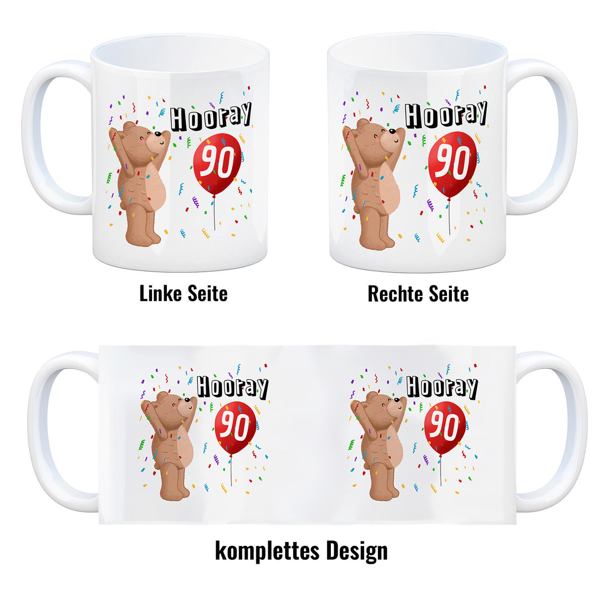 Witziger Kaffeebecher für den 90. Geburtstag mit Motiv: Hooray