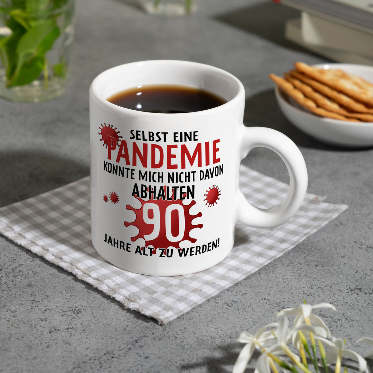 Witziger Kaffeebecher für den 90. Geburtstag mit Motiv: Pandemie