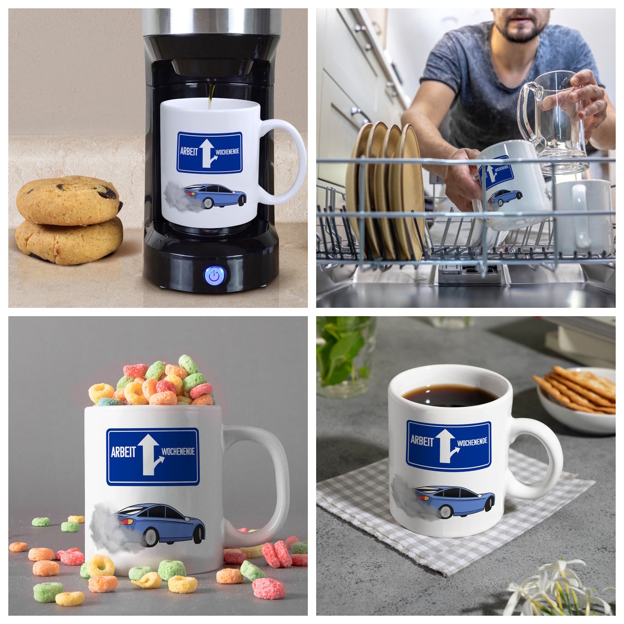 Arbeit oder Wochenende witziger Kaffeebecher mit driftendem Auto