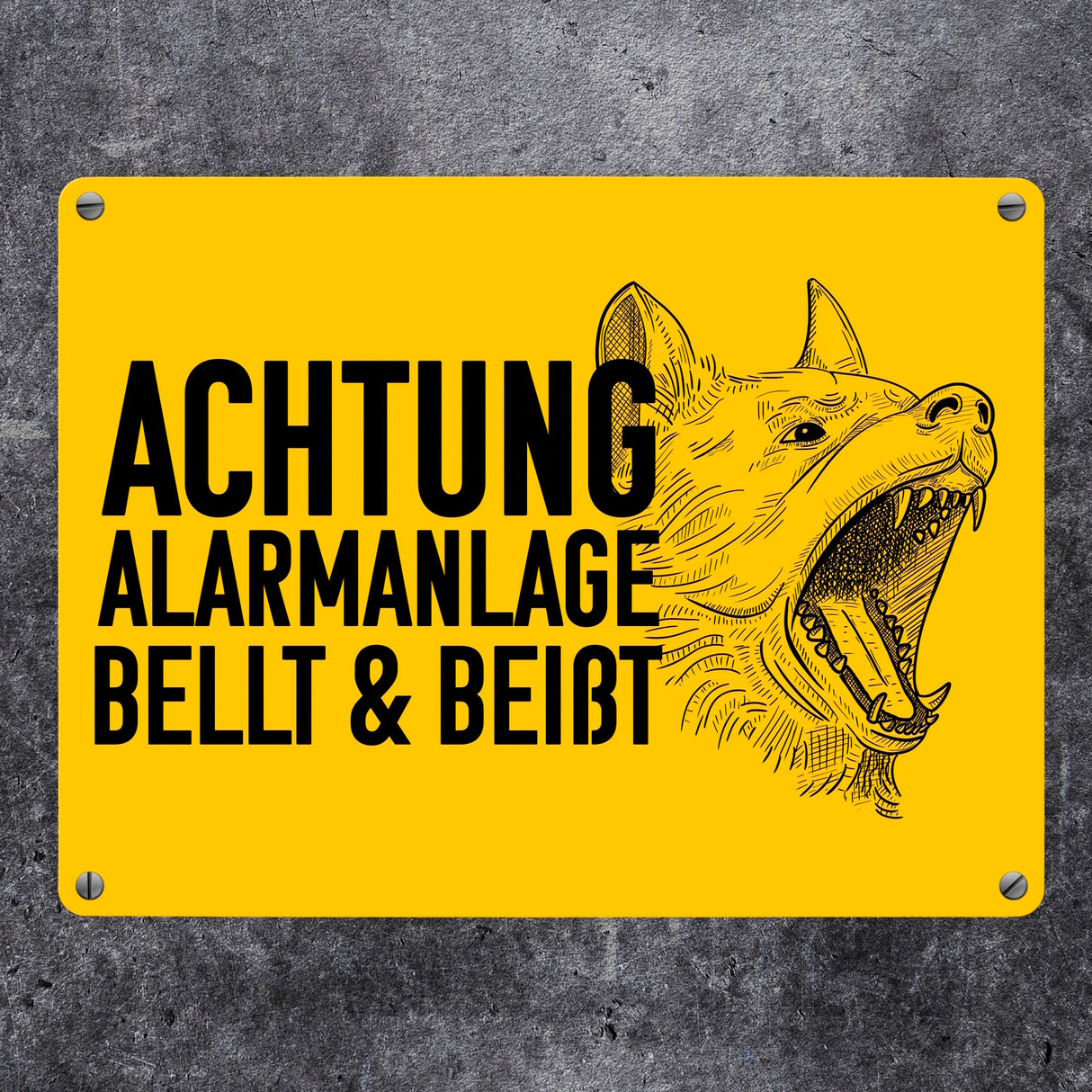 Achtung Alarmanlage bellt und beißt Metallschild mit Hunde Motiv