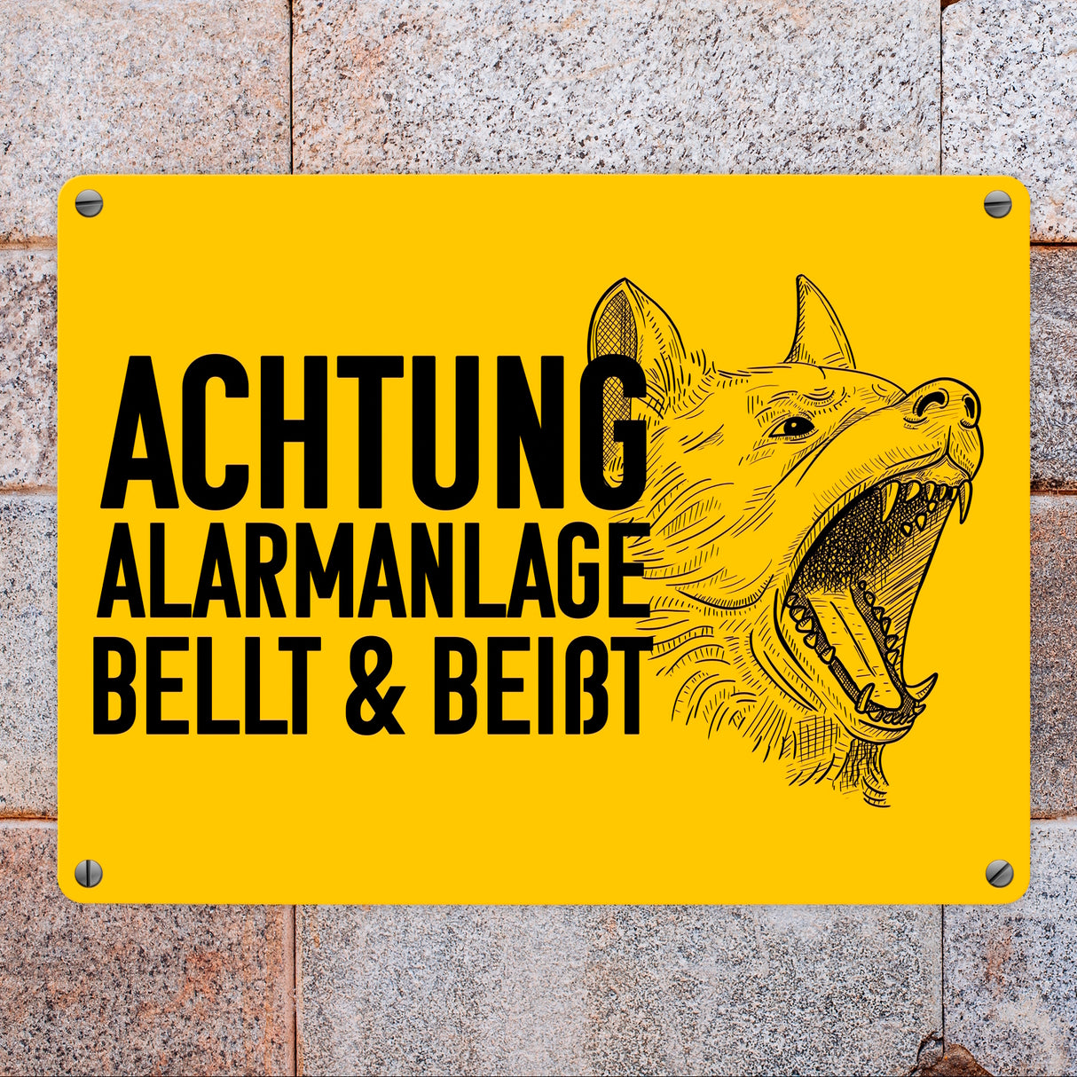 Achtung Alarmanlage bellt und beißt Metallschild mit Hunde Motiv
