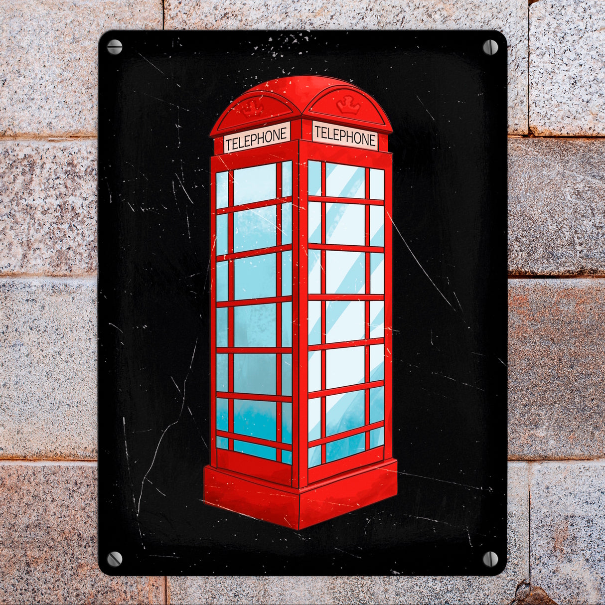 Metallschild mit roter Telefonzelle im Used-Look