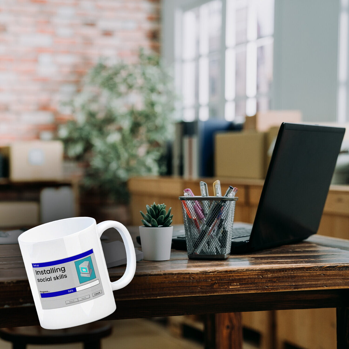 Installing social skills Kaffeebecher mit Computer Motiv