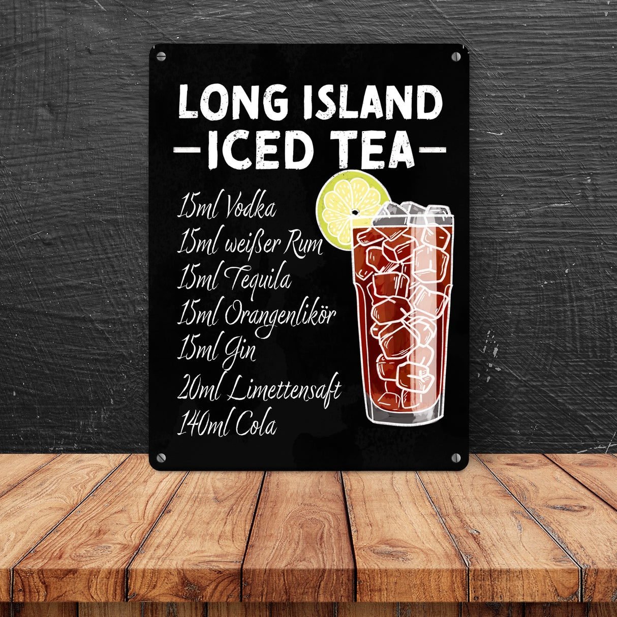 Metallschild mit Cocktailrezept für Long Island Iced Tea