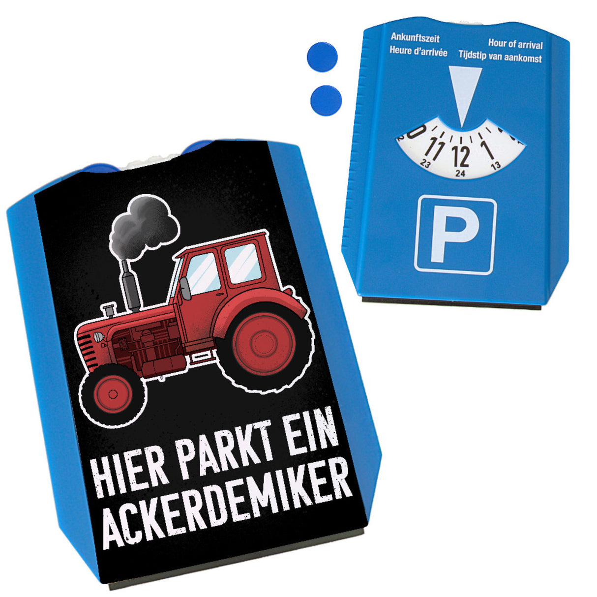 Hier parkt ein Ackerdemiker Traktor Parkscheibe mit 2 Einkaufswagenchips