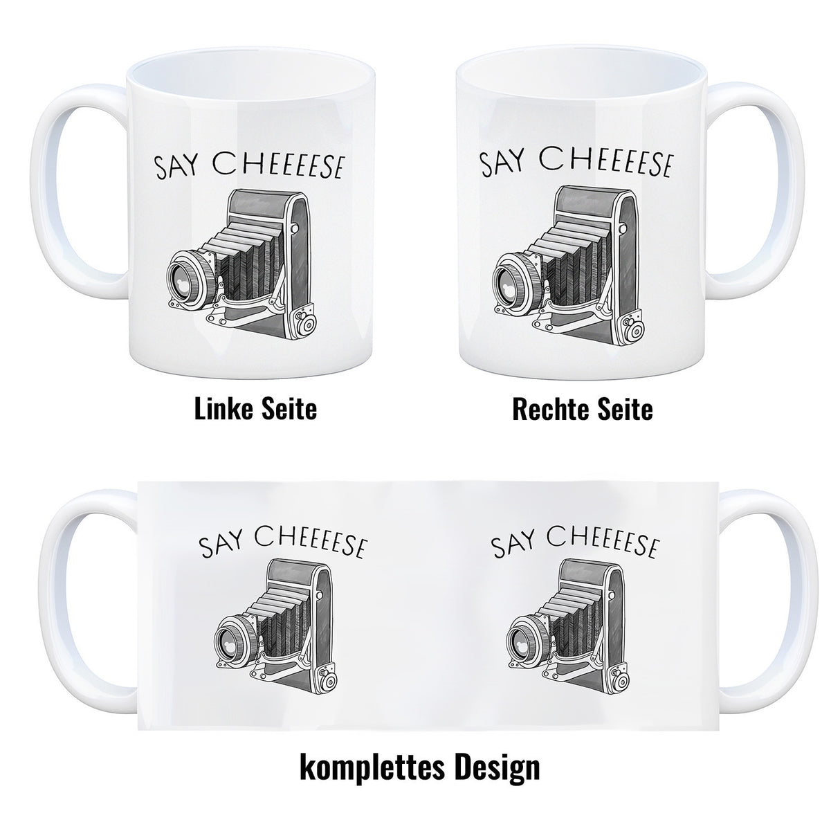 Say cheeeese Kaffeebecher für Fotografen mit Retro Kamera Motiv