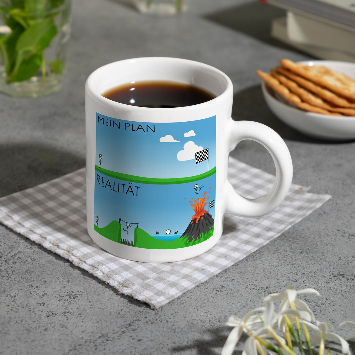 Mein Plan vs. die Realität Strichmännchen Kaffeebecher