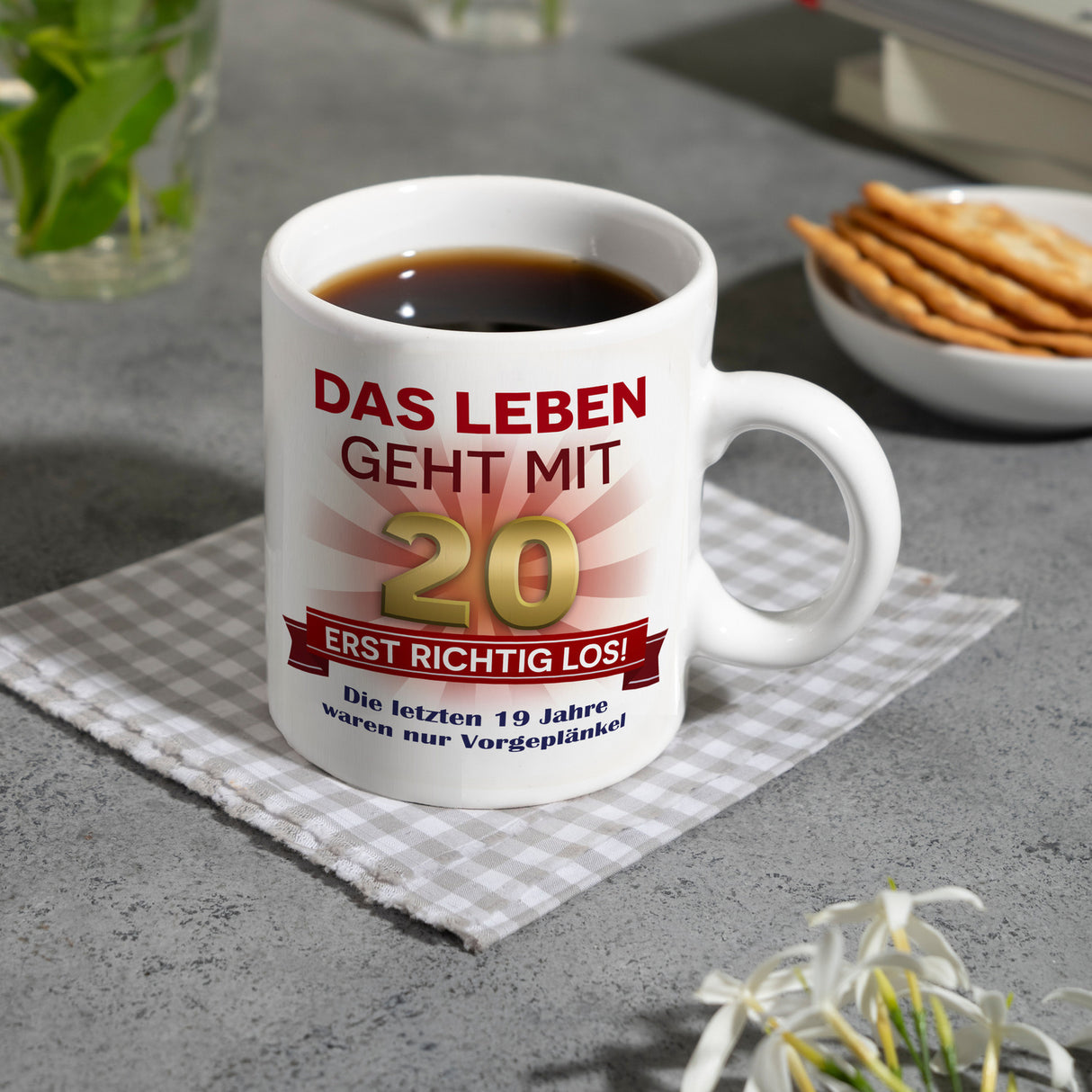 20. Geburtstag Kaffeebecher mit lustigem Spruch: Vorgeplänkel