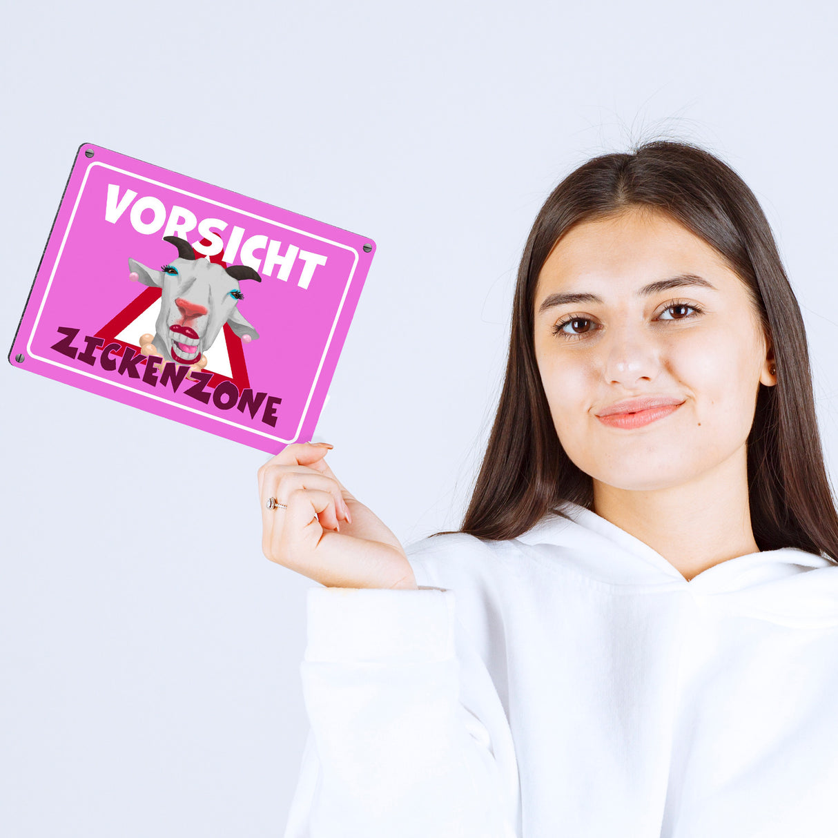Vorsicht Zickenzone Metallschild mit geschminkter Ziege