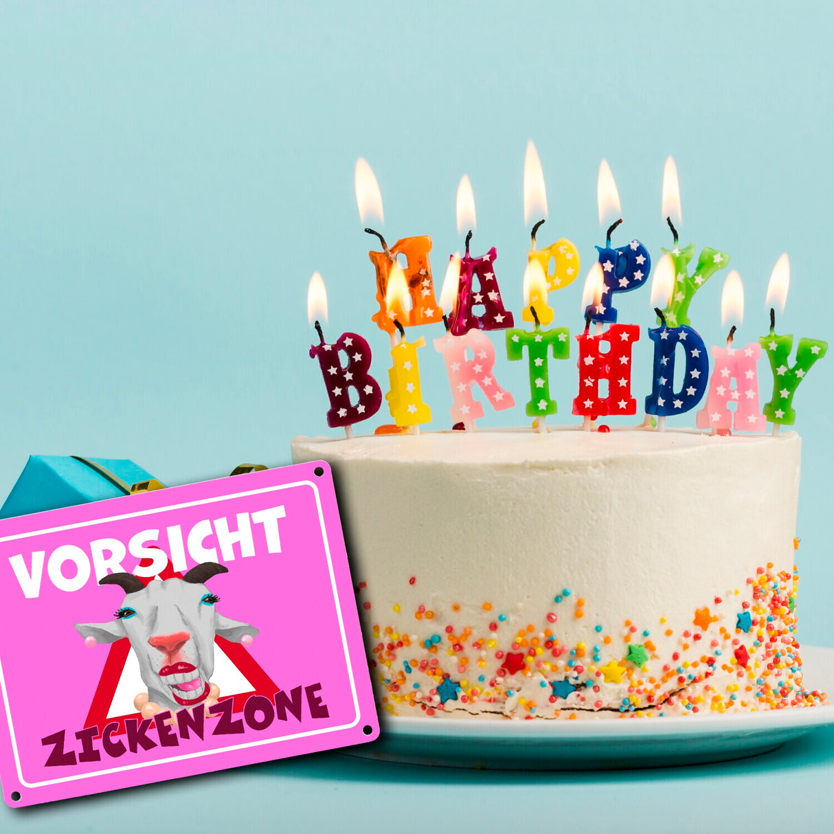 Vorsicht Zickenzone Metallschild mit geschminkter Ziege