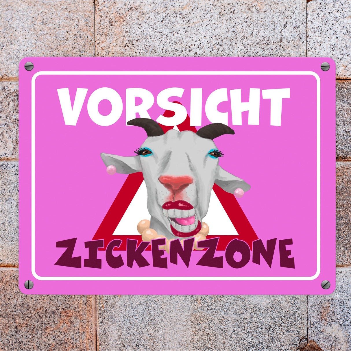Vorsicht Zickenzone Metallschild mit geschminkter Ziege