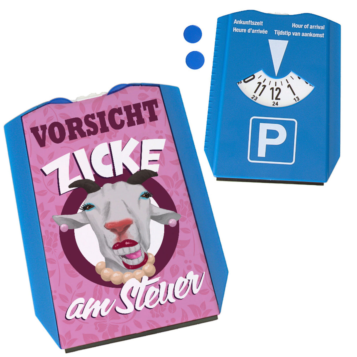 Vorsicht Zicke am Steuer Ziege Parkscheibe mit 2 Einkaufswagenchips