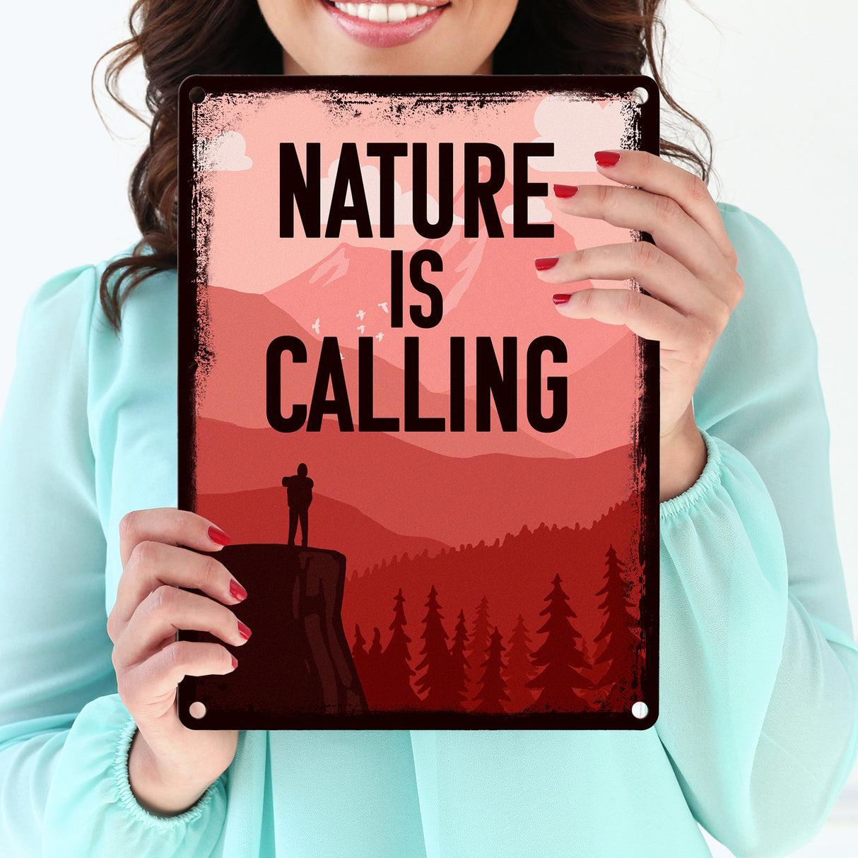 Nature is calling Metallschild für Naturfreunde mit Bergmotiv