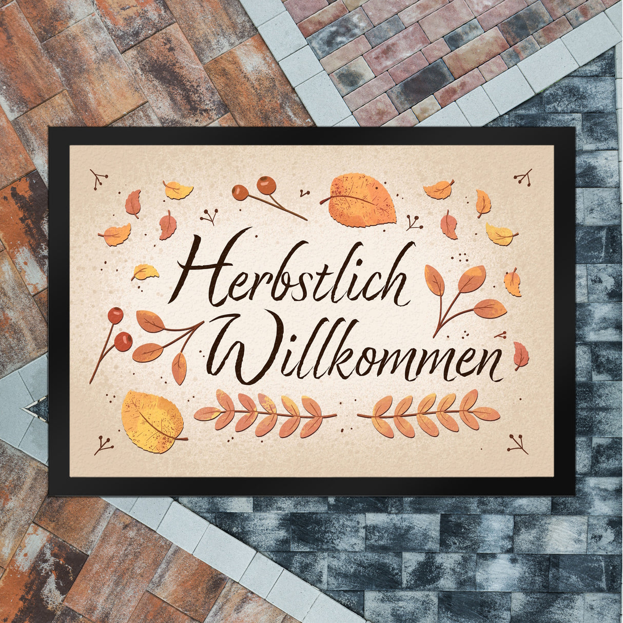 Herbstlich Willkommen Fußmatte mit bunten Blättern