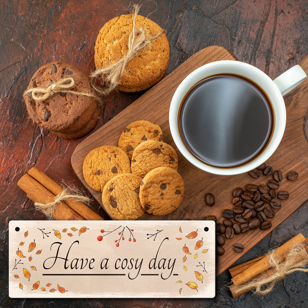Have a cosy day Metallschild mit herbstlicher Dekoration