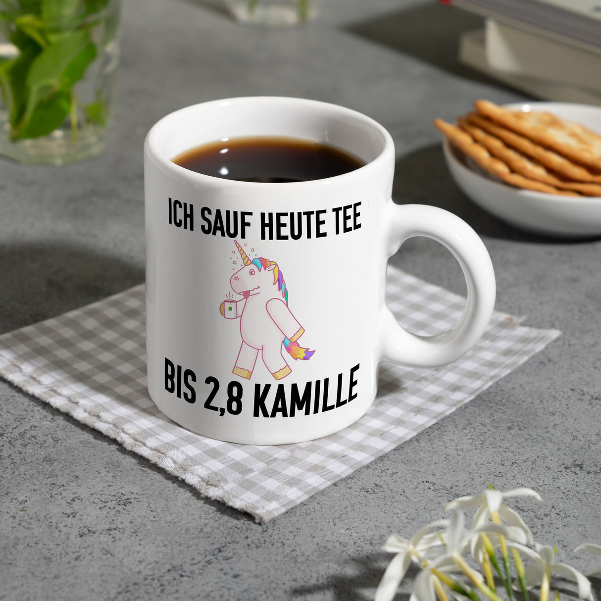 Ich sauf heute Tee bis 2,8 Kamille Kaffeebecher mit Einhorn