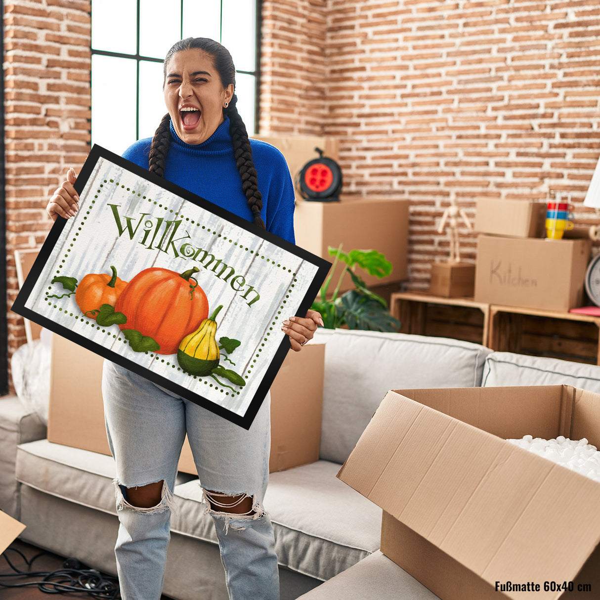 Willkommen Fußmatte mit herbstlichen Kürbissen