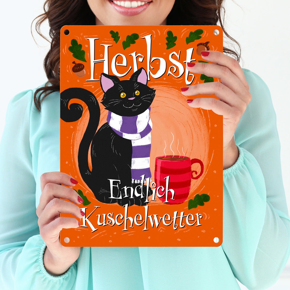 Herbst - Endlich Kuschelwetter Metallschild mit schwarzer Katze