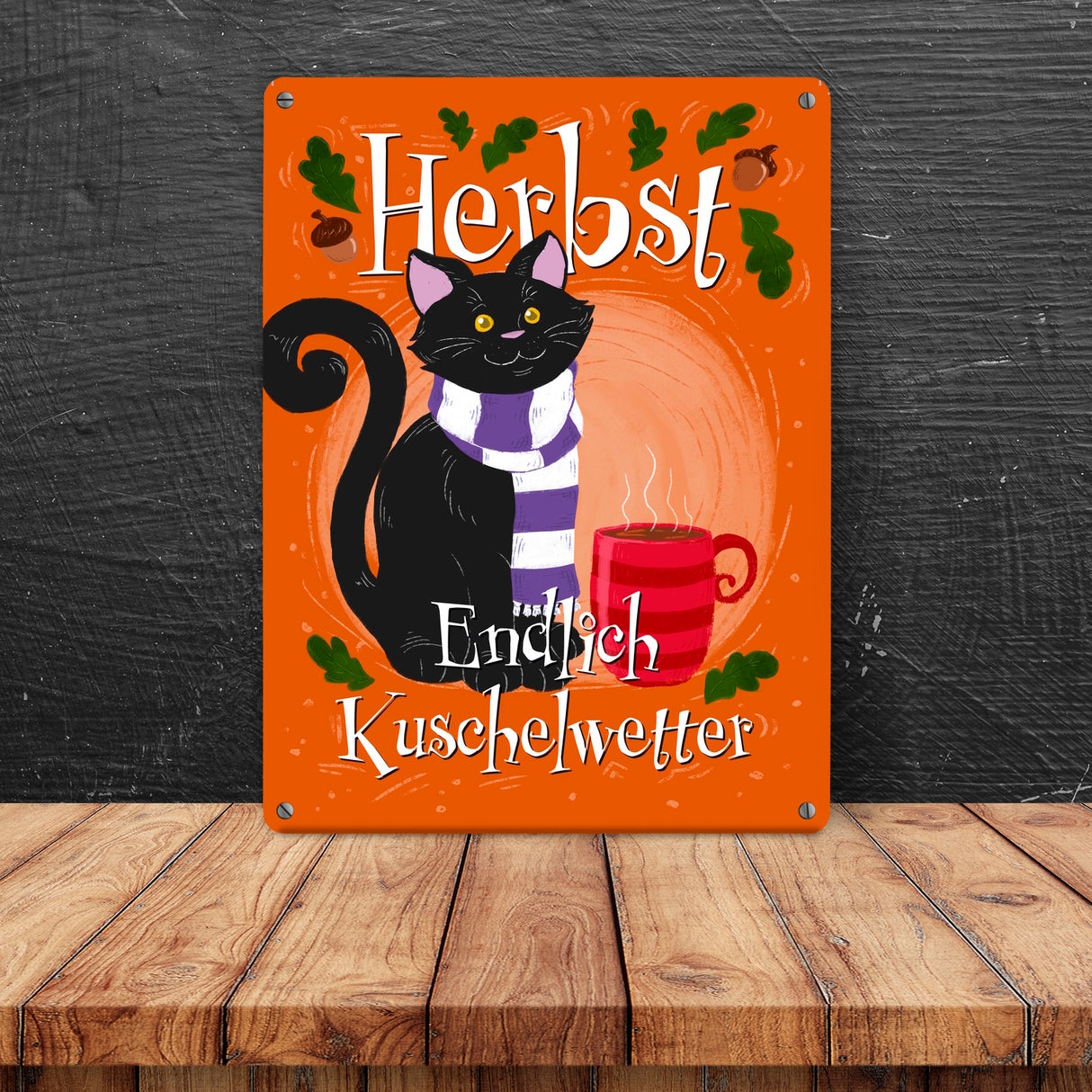 Herbst - Endlich Kuschelwetter Metallschild mit schwarzer Katze