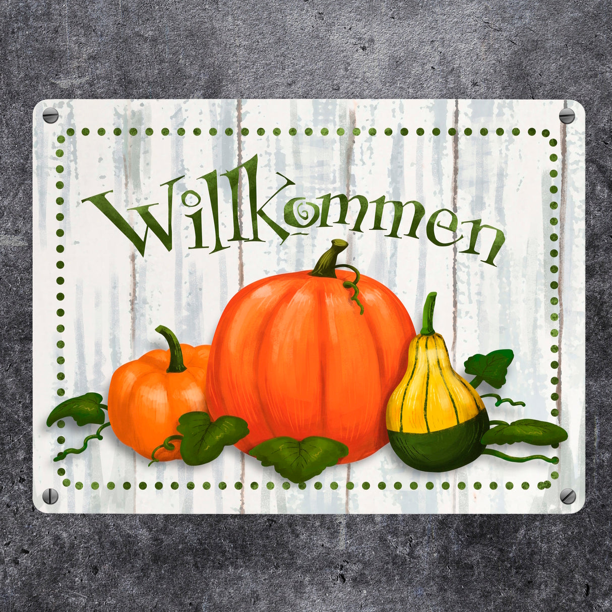 Willkommen Metallschild mit herbstlichen Kürbissen
