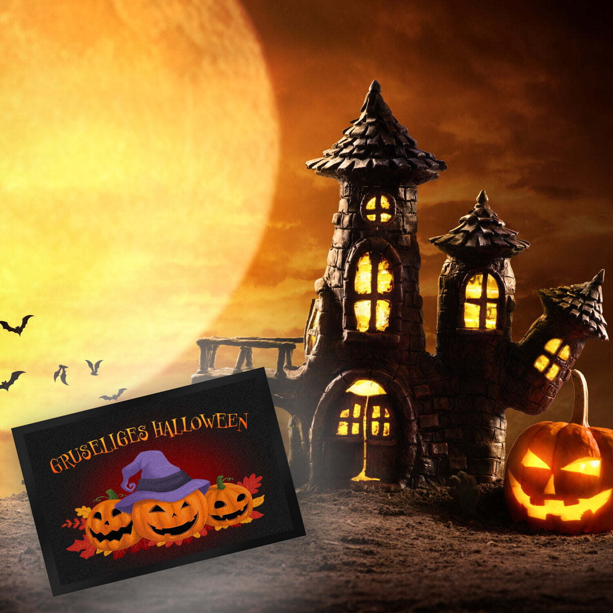 Gruseliges Halloween Fußmatte mit hübschen Kürbissen