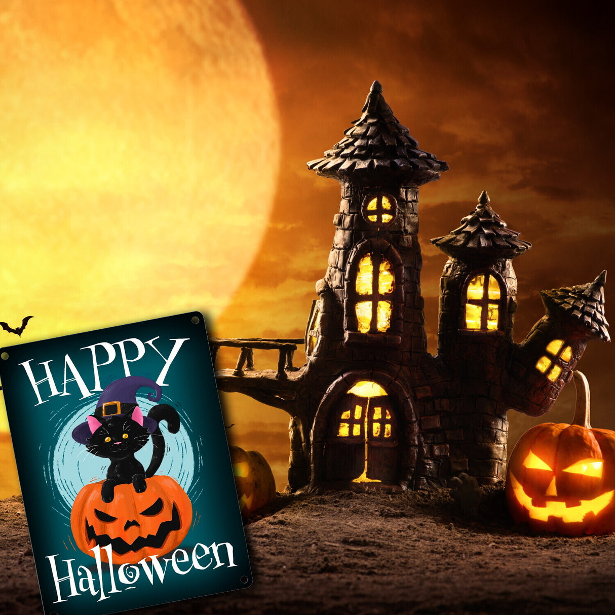 Happy Halloween Metallschild mit niedlicher schwarzer Katze