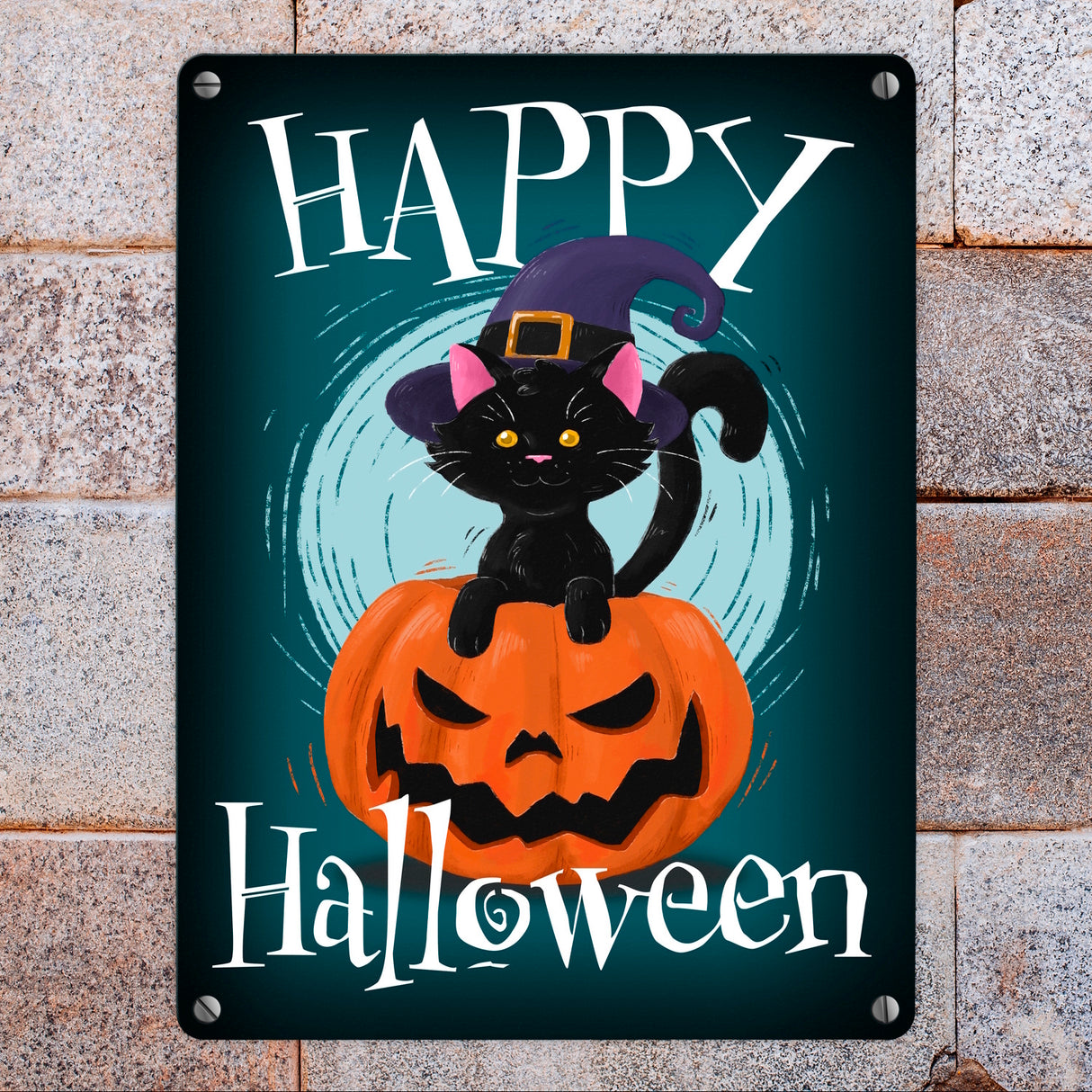 Happy Halloween Metallschild mit niedlicher schwarzer Katze