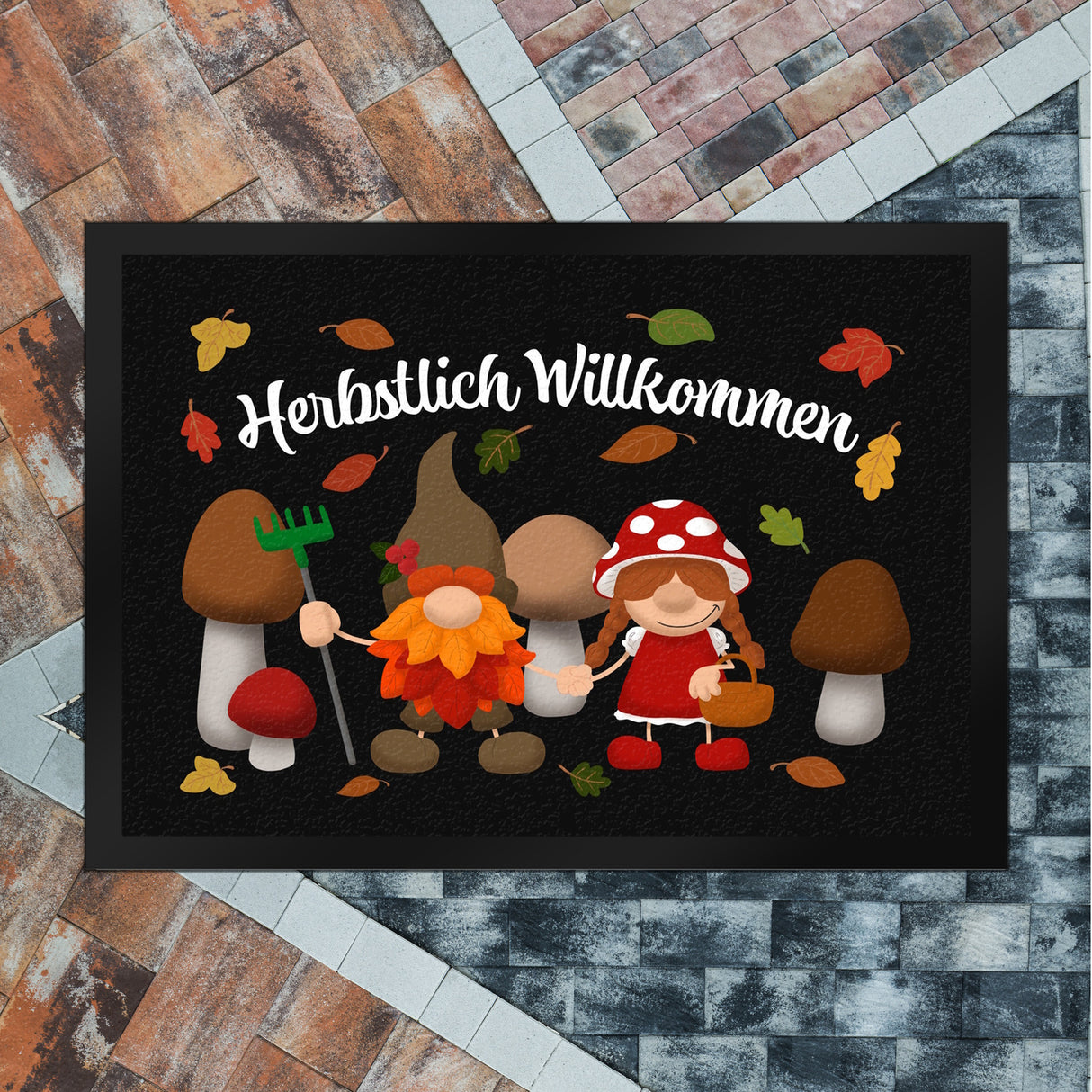 Herbstlich Willkommen Fußmatte mit Waldgnomen
