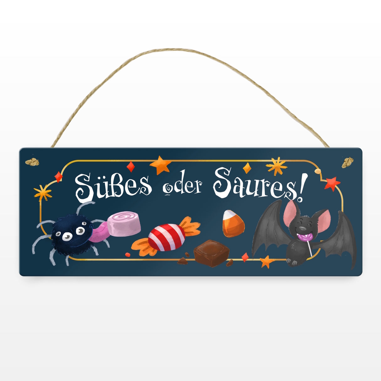 Süßes oder Saures Halloween Metallschild mit Spinne und Fledermaus