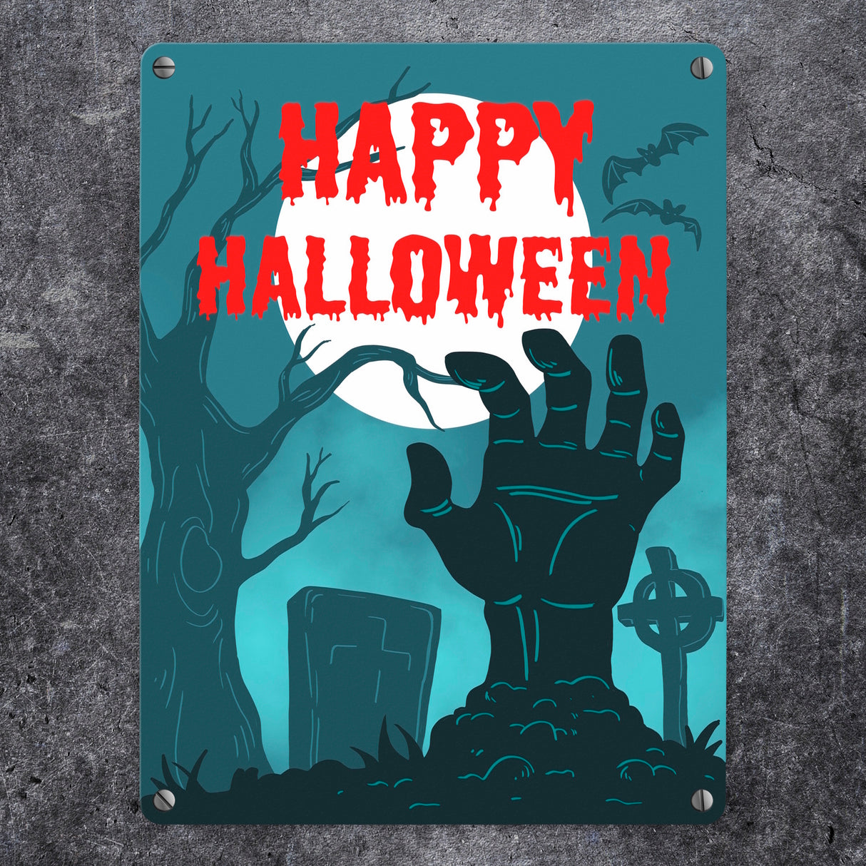 Happy Halloween Friedhof Metallschild mit Zombiehand