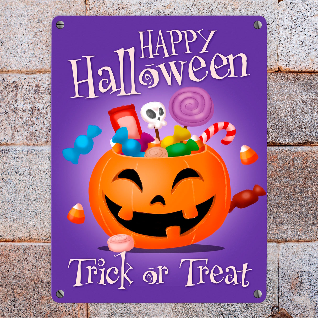 Happy Halloween Trick or Treat Metallschild in lila mit süßem Kürbis