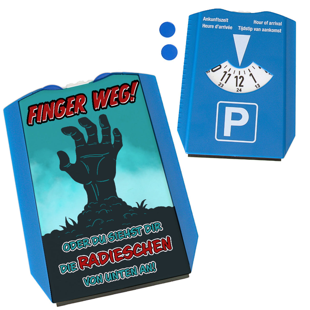Finger weg Parkscheibe mit gruseliger Zombiehand und 2 Einkaufswagenchips