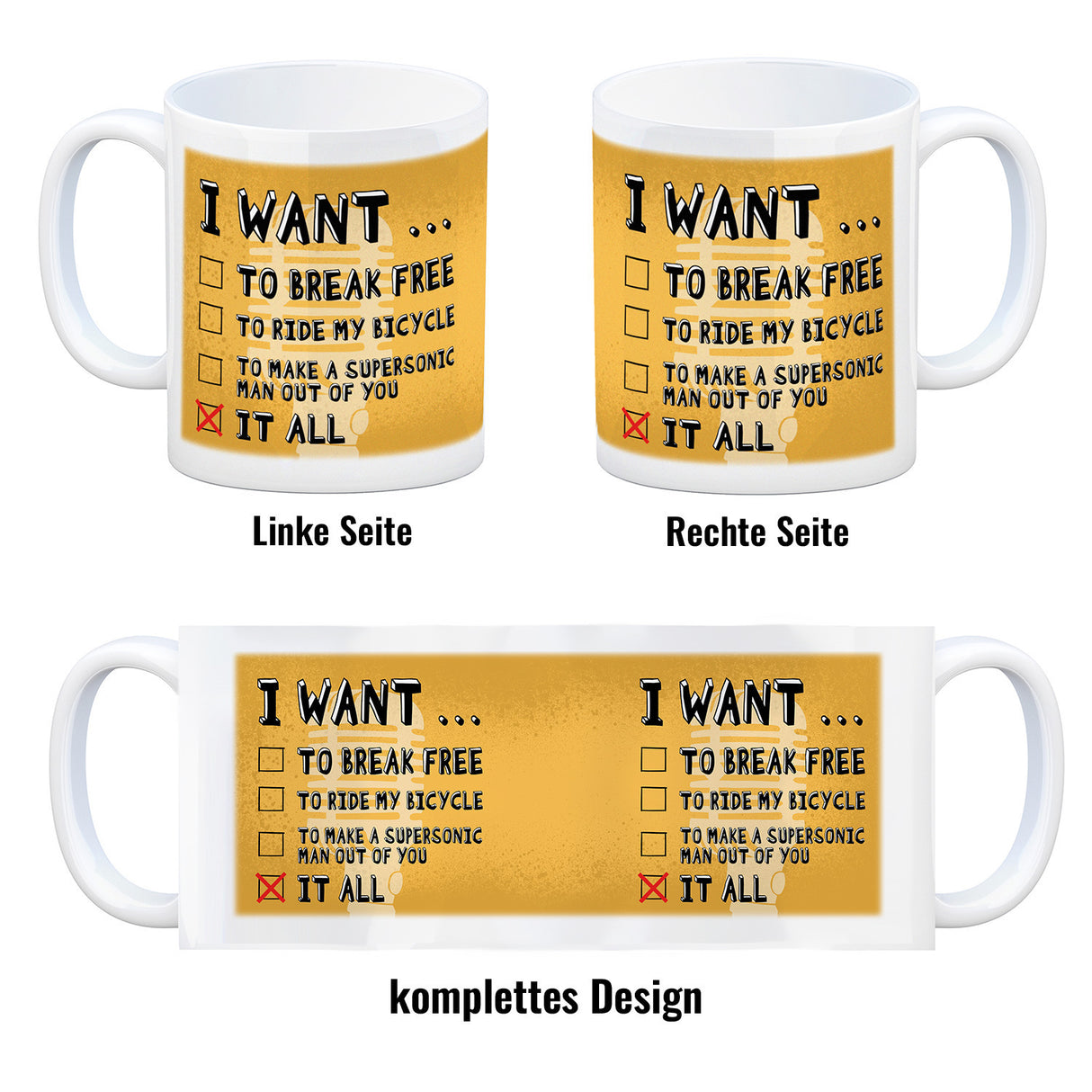 I want … Kaffeebecher mit bekannten Songtexten
