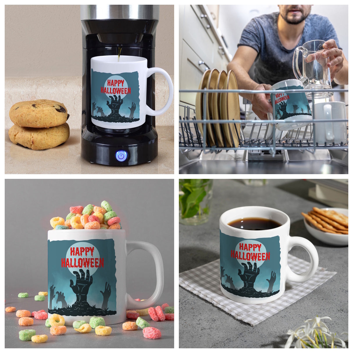 Happy Halloween Kaffeebecher mit gruseligen Zombiehänden
