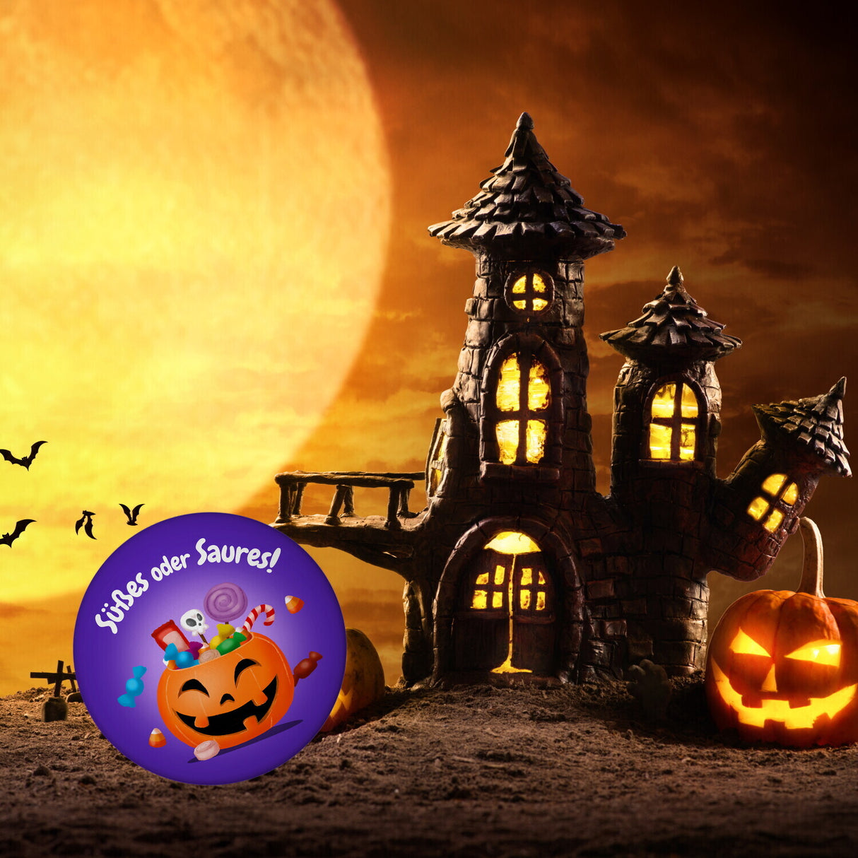 Süßes oder Saures Halloween Magnet mit Kürbis und Süßigkeiten