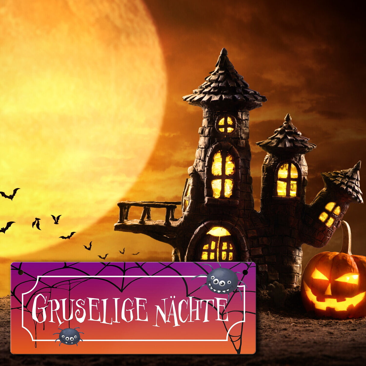 Gruselige Nächte Halloween Metallschild mit niedlichen Spinnen