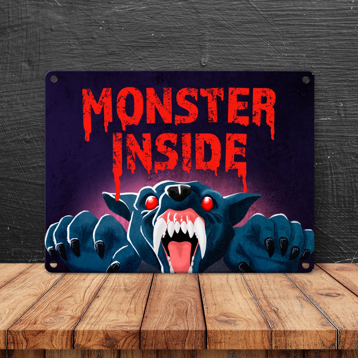 Monster Inside Halloween Metallschild in 15x20 cm mit gruseligem Werwolf Motiv