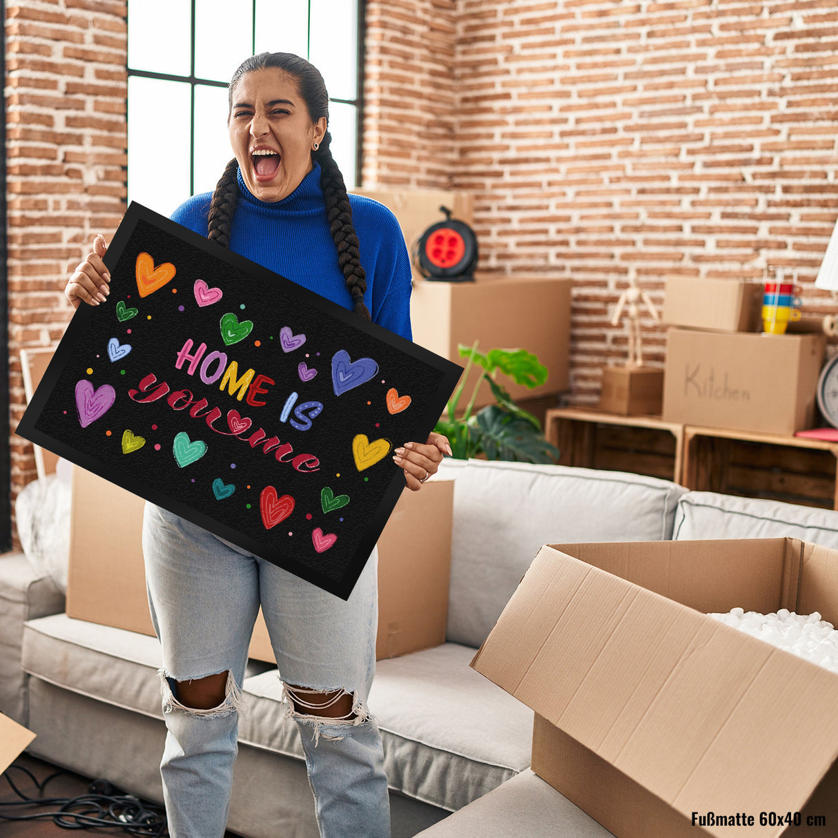 Home ist you and me Fußmatte mit bunten Herzen