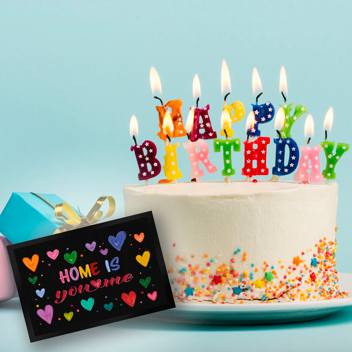 Home ist you and me Fußmatte mit bunten Herzen